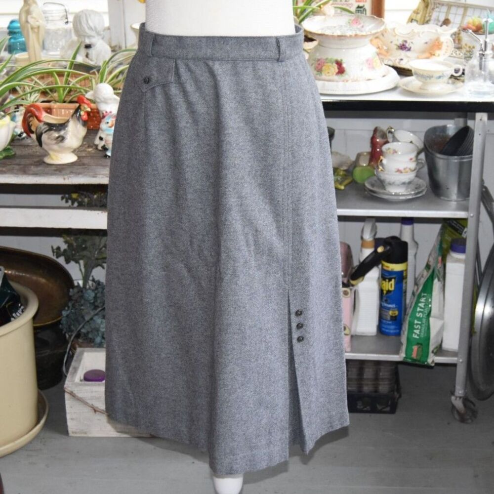 Vintage 1970s Gray Wool Blend Midi Skirt Union Made USA Waist 28